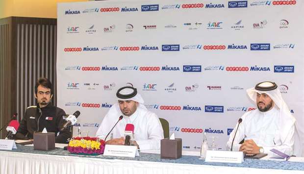 Chairman of the Asian Volleyball Confederation (AVC) Aspire Beach Volleyball Qatar Master 2018 organising committee Mohamed Mubarak al-Kuwari (centre), general co-ordinator of the championship at QVA Mohamed Salem al-Kuwari (right) and Qatar national beach volleyball team captain Nasser Ahmed al-Meer during a press conference yesterday.