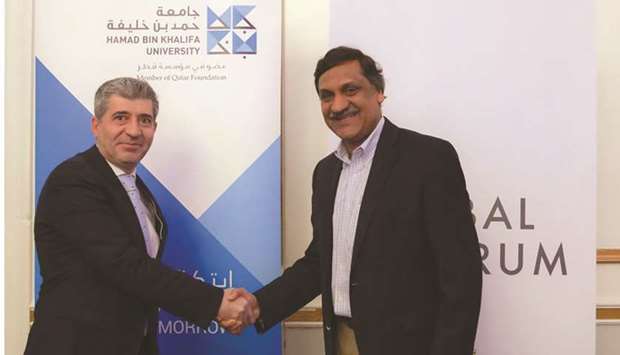 Dr Ahmad M Hasnah, HBKU president, and Dr Anant Agarwal, founder and CEO of edX and MIT professor, at the agreement ceremony.