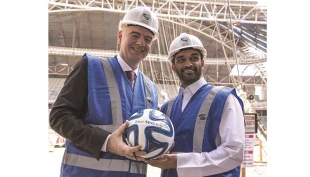 FIFA President Gianni Infantino (left) and Supreme Committee Secretary-General HE Hassan al-Thawadi visit Al Wakrah Stadium site last month.