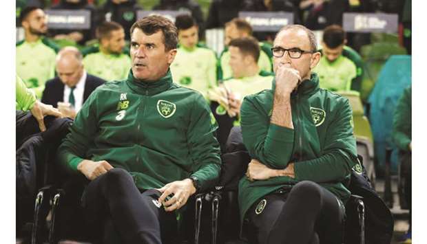 Ireland assistant manager Roy Keane (left) and manager Martin Ou2019Neill at Aviva Stadium in Dublin on October 16, 2018. (Reuters)