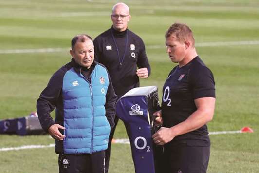 In this September 24, 2018, picture, England head coach Eddie Jones watches Dylan Hartley during training in Bristol. (Reuters)