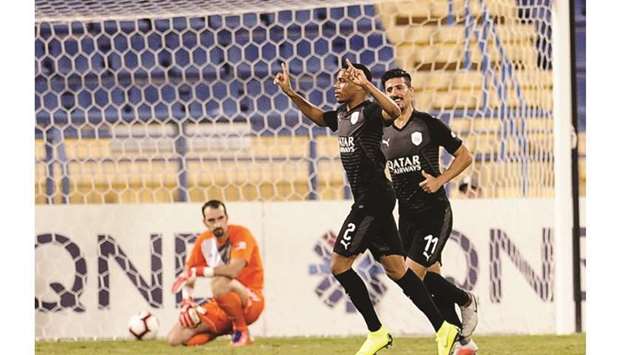 Pedro Miguel celebrates scoring for Al Sadd against Umm Salal yesterday.