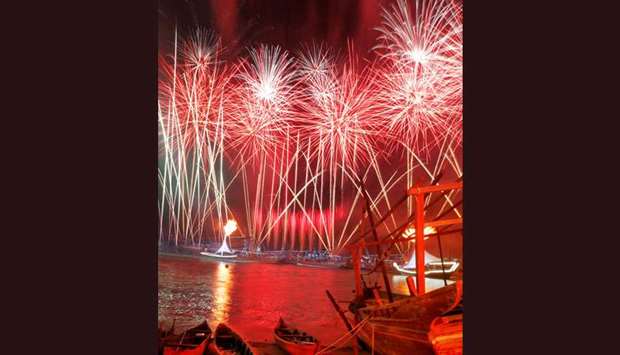 Fireworks lighting up the sky above Katara - the Cultural Village Friday as part of the Eighth Katara Traditional Dhow Festival. The event which has been attracting huge crowds over the past four days, is set to conclude Saturday. PICTURE: Jayan Orma.