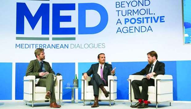 HE the Deputy Prime Minister and Minister of Foreign Affairs Sheikh Mohamed bin Abdulrahman al-Thani (centre) speaking at a special session on the sidelines of the Mediterranean Dialogue Conference in Rome on Thursday.