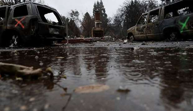 Rain falls on a home destroyed by the Camp Fire in Paradise, California
