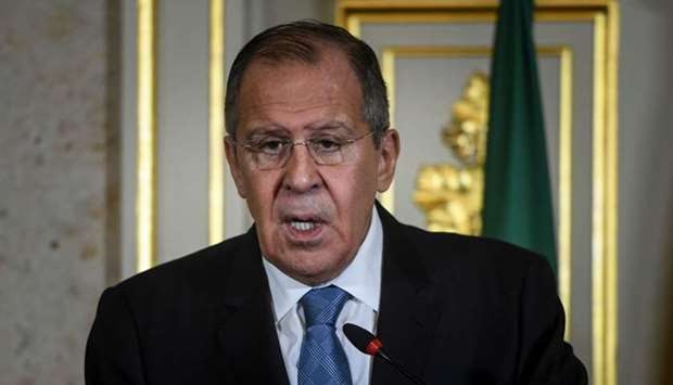 Russian Foreign Affairs minister Sergei Lavrov give a joint press conference with his Portuguese counterpart at Necessidades Palace in Lisbon