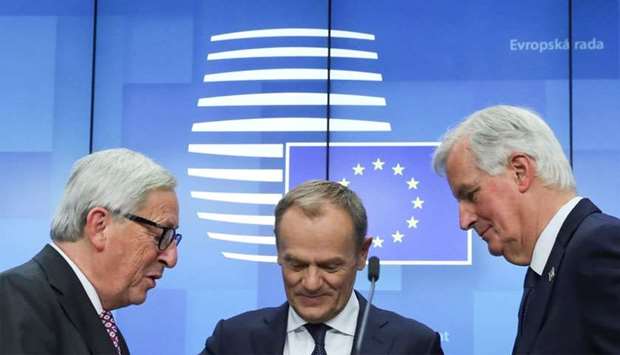 European Commission President Jean-Claude Juncker, European Council President Donald Tusk and European Union's chief Brexit negotiator Michel Barnier