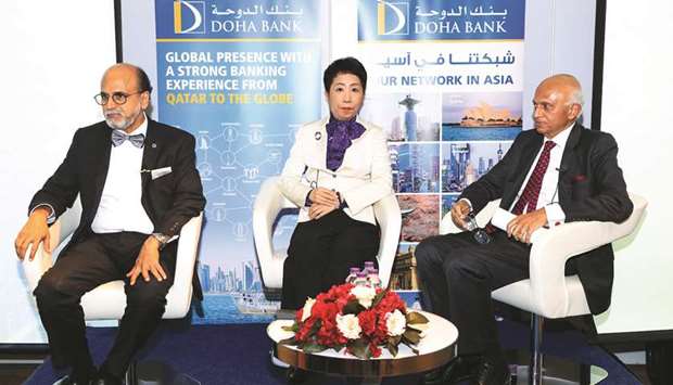 (From left) Doha Bank CEO Dr R Seetharaman, Dr Sayuri Shirai, and Indiau2019s former foreign secretary Ranjan Mathai at the Doha Bank knowledge sharing session.