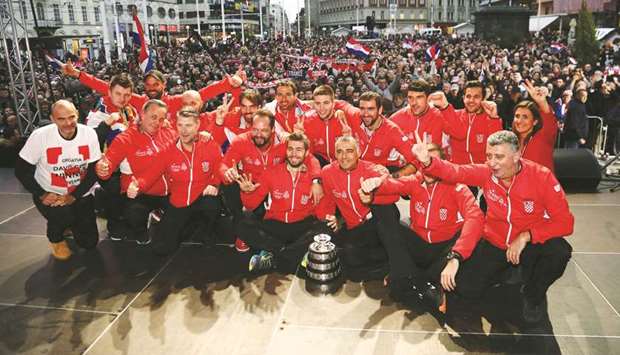 Croatia team celebrate winning the Davis Cup in Zagreb, Croatia, yesterday. (Reuters)