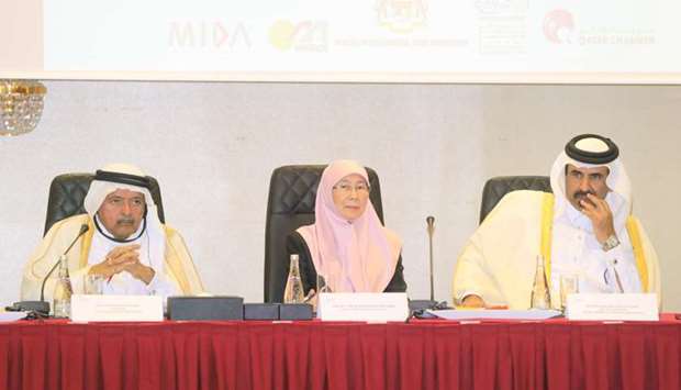 From left: QBA chairman HE Sheikh Fasial bin Qassim al-Thani and Qatar Chamber first vice chairman Mohamed bin Towar al-Kuwari together with Malaysiau2019s Deputy Prime Minister Datou2019 Seri Dr Wan Azizah Wan Ismail during a high-level meeting organised by QBA yesterday in Doha. PICTURE: Jayan Orma