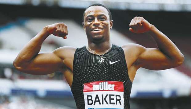 Ronnie Baker of the US celebrates after winning the menu2019s 100m final in London Diamond League. (Reuters)