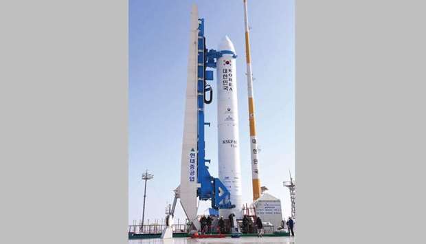 A single stage rocket on its launch pad at the Naro Space Center in the southern coast county of Goheung, South Korea.