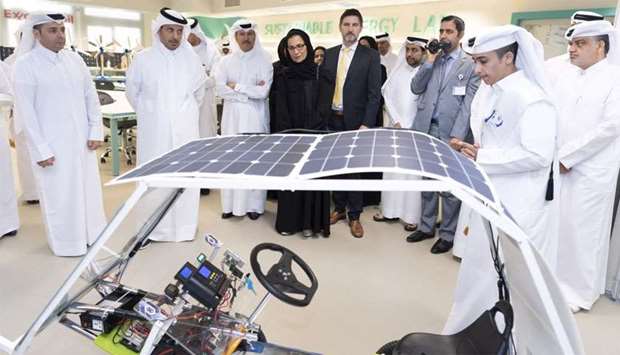 HE the Prime Minister and Interior Minister Sheikh Abdullah bin Nasser bin Khalifa al-Thani being briefed on the various educational and training programmess and facilities at the school.