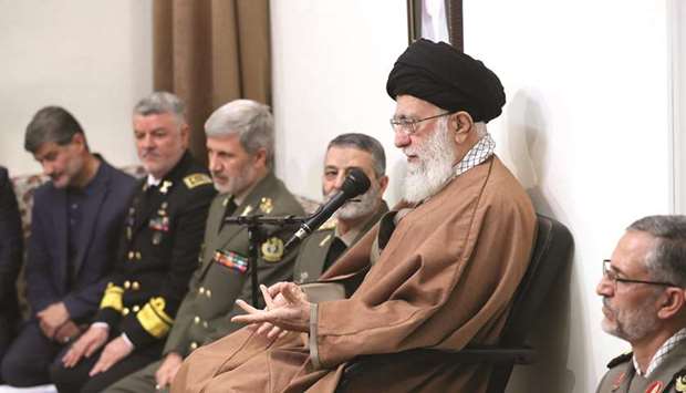 A handout picture provided by the office of Iranu2019s Supreme Leader Ayatollah Khamenei yesterday shows him delivering a speech during a meeting with a group of commanders and officers of the Navy and Army in Tehran.