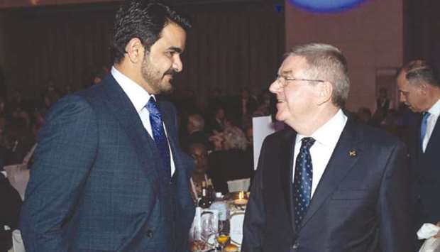 Qatar Olympic Committee President HE Sheikh Joaan bin Hamad al-Thani speaks with International Olympic Committee President Dr Thomas Bach on the sidelines of the Association of National Olympic Committees (ANOC)  General Assembly in Tokyo yesterday.