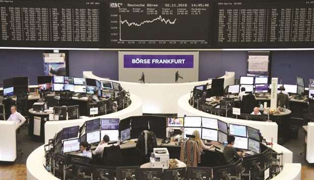 A view of the Frankfurt Stock Exchange. The DAX 30 closed 0.4% up at 11,518.99 points yesterday.
