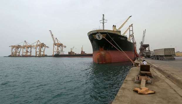 Ship carrying a shipment of grain is docked at the Red Sea port of Hodeidah