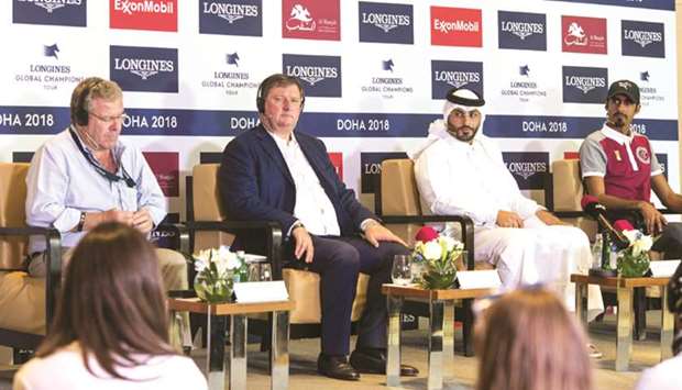 Qatar rider Sheikh Ali bin Khalid al-Thani (right), event director Ali al-Rumaihi, GCT founder and president Jan Tops and Sporting Director of GCT Marco Danese at a press conference at Al Shaqab yesterday. At right, file photo of Bassem Mohamed in action.