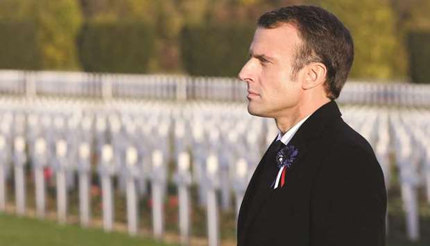 Macron is seen yesterday at the Douaumont National Necropolis and Ossuary, near Verdun, eastern France, as part of a World War I commemoration tour.