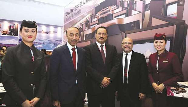 Al-Mansouri along with HE al-Khater visiting the Qatar Airways interactive stand at the CIIE yesterday.