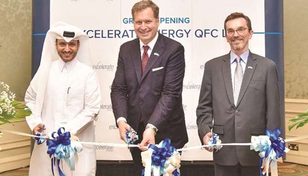 Al-Sulaiti, Kobos and Grant jointly cut the ribbon, marking the opening of US-based Excelerate Energyu2019s office in Doha yesterday.