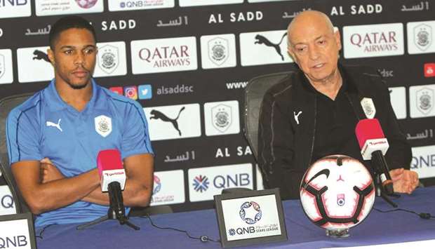Al Sadd coach Jesualdo Ferreira (right) and midfielder Pedro Miguel address a press conference ahead of their match against Al Kharaitiyat
