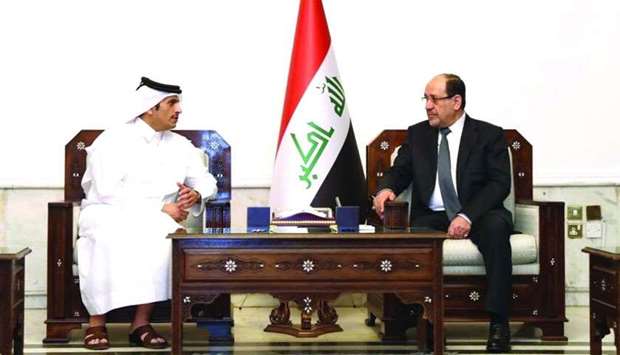 HE the Deputy Prime Minister and Minister of Foreign Affairs Sheikh Mohamed bin Abdulrahman al-Thani holding talks with the Chairman of the State of Law Coalition in Iraq, Nuri al-Maliki.
