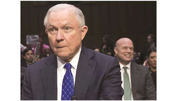 This file picture shows Sessions and Whitaker (right) last year during a Senate Judiciary Committee hearing on Capitol Hill in Washington, DC.