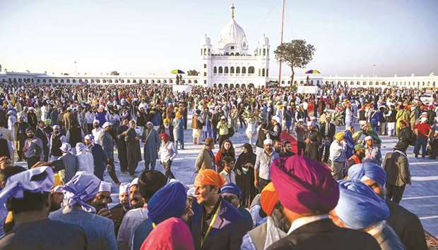 Sikh pilgrims at the Shrine of Baba Guru Nanak Dev, at Gurdwara Darbar Sahib in Kartarpur.