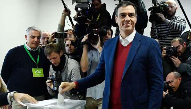Spanish incumbent prime minister and Socialist Party (PSOE) candidate for re-election, Pedro Sanchez, casts his ballot at a polling station in Pozuelo de Alarcon