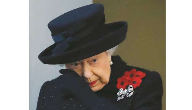 Queen Elizabeth II attends the Remembrance Sunday ceremony at the Cenotaph on Whitehall in central London, yesterday.