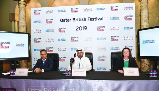 British ambassador Sharma, Katara general manager al-Sulaiti, and British Council Qatar director Ayton at the press conference at Katara.