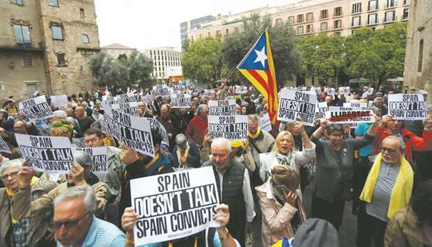 Pro-independence activists gather during a protest in Barcelona, Spain, in this October 23 photograph.