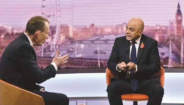 Chancellor of the Exchequer Sajid Javid appears on the BBC political programme The Andrew Marr Show in London yesterday.
