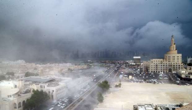 Dust swirls across the Doha skyline shortly before the rain started. PICTURE: Jayan Orma