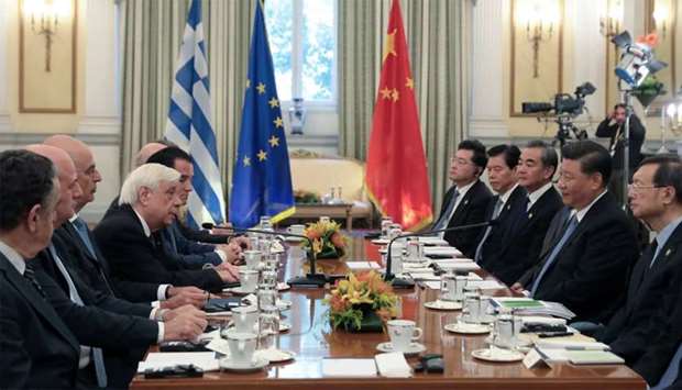 Greek President Prokopis Pavlopoulos and Chinese President Xi Jinping meet at the Presidential Palace in Athens, Greece
