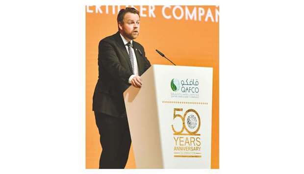 Isaksen speaking at the golden jubilee celebrations of Qafco at the Qatar National Convention Centre yesterday.