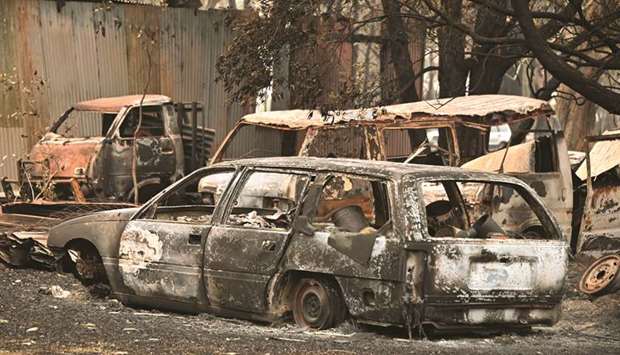 The burnt-out remains of cars and property belonging to Art Murphy and his wife Shirley are seen following bushfires in Old Bar, 350km north of Sydney yesterday.