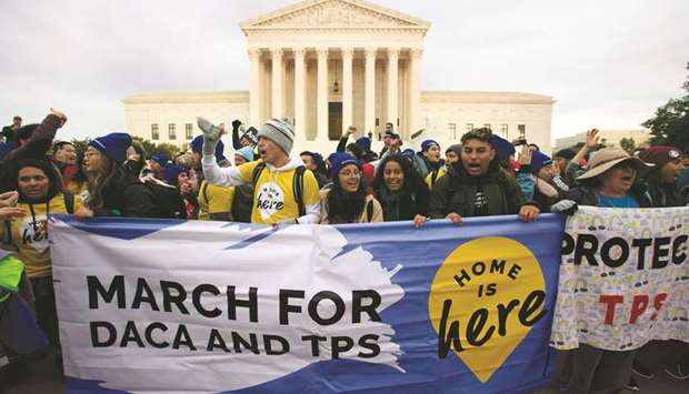 Demonstrators arrive in front of the US Supreme Court in Washington, DC on Sunday during the u2018Home Is Hereu2019 march for Deferred Action for Childhood Arrivals (DACA), and Temporary Protected Status (TPS).