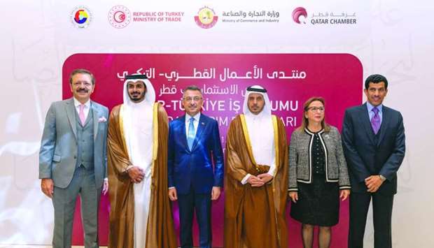HE the Prime Minister and Minister of Interior Sheikh Abdullah bin Nasser bin Khalifa al-Thani and Turkish Vice-President Fuat Oktay with other officials at the opening of the Qatari-Turkish Business Forum ,Investment Opportunities in Qatar, in Ankara Friday
