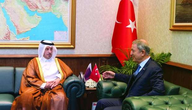 HE the Prime Minister and Minister of Interior Sheikh Abdullah bin Nasser bin Khalifa al-Thani met with Turkish Defence Minister Lieutenant General Hulusi Akar in Ankara. During the meeting, they reviewed aspects of co-operation between the two countries in defence, besides several issues related to regional and international affairs. The Turkish minister hosted a luncheon banquet in honour of HE the Prime Minister and the accompanying delegation. A number of senior Turkish officials attended the meeting and the banquet.
