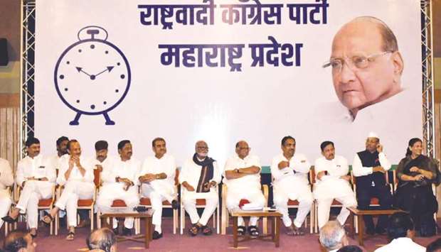 Nationalist Congress Party chief Sharad Pawar and party leaders Ajit Pawar, Chhagan Bhujbal and others hold a meeting to discuss he government formation in Maharashtra, in Mumbai yesterday.