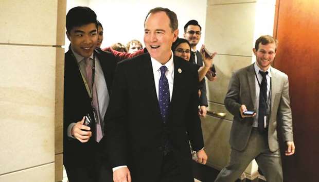Schiff leaves after a closed-door deposition from Deputy Assistant Secretary of Defence Laura Cooper, as part of the US House of Representatives impeachment inquiry into Trump.