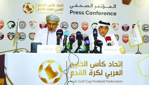 AGCFF vice president Jassim al-Shukali (left) and general secretary Jassim al-Rumaihi announce the participation of Saudi Arabia, the UAE and Bahrain in the Gulf Cup