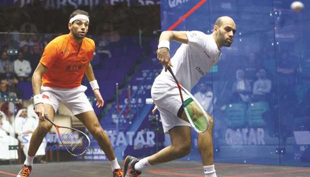 Marwan ElShorbagy (R) in action against elder brother Mohamed during their last-8 clash yesterday. At bottom, action from the match between Simon Rosner and James Willstrop. PICTURES: Jayan Orma