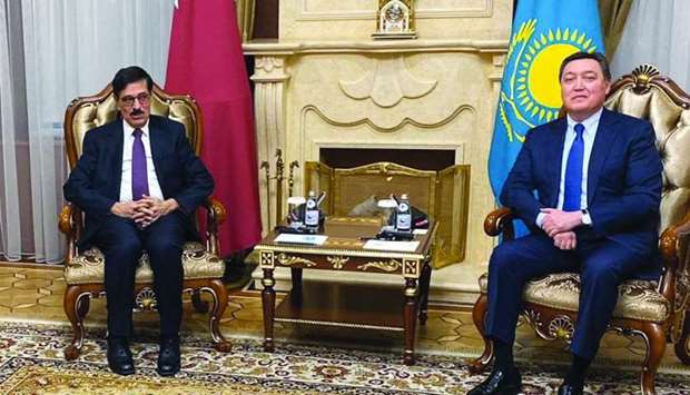 Kazakhstan's Prime Minister Askar Mamin with HE the Minister of State Dr Hamad bin Abdulaziz al-Kuwari.