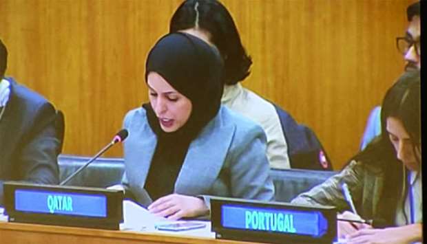 HE Sheikha Alya Ahmed bin Saif al-Thani taking part in the United Nations Pledging Conference for Development Activities at the UN headquarters in New York.