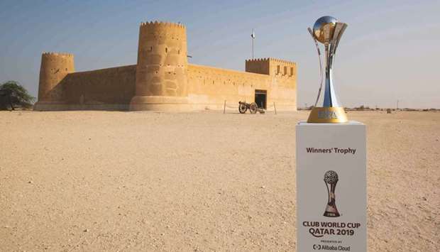The FIFA Club World Cup trophy displayed at Al Zubara Fort.