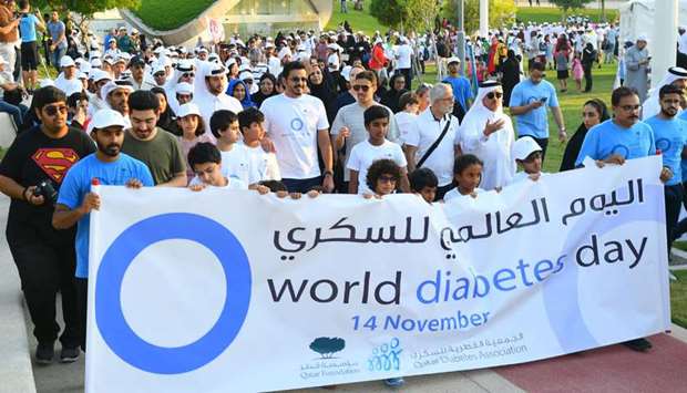 Qatar Olympic Committee president HE Sheikh Joaan bin Hamad al-Thani, QDA executive director Dr Abdulla al-Hamaq and other dignitaries participate in World Diabetes Day walkathon at the Oxygen Park in Education City