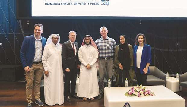 (From left) Author Matthias Krug, Qatari football legend and Al Kass TV sports analyst Badr Bilal, German ambassador to Qatar Hans-Udo Muzel, Qataru2019s first professional boxer Sheikh Fahad bin Khalid al-Thani, Krugu2019s father, Joachim, a coaching staff member for the Qatar national athletics team, Team Qatar athlete Mariam Farid and Ghenwa Yehia-Malaeb of HBKU Press at the launch of the book Journeys on a Football Carpet at Qatar National Libraryu2019s Special Events Area.